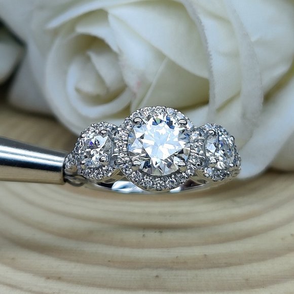 3 Stone Round Moissanite Halo Engagement Ring 14K Gold Plated Size 5.75 - Picture 1 of 4